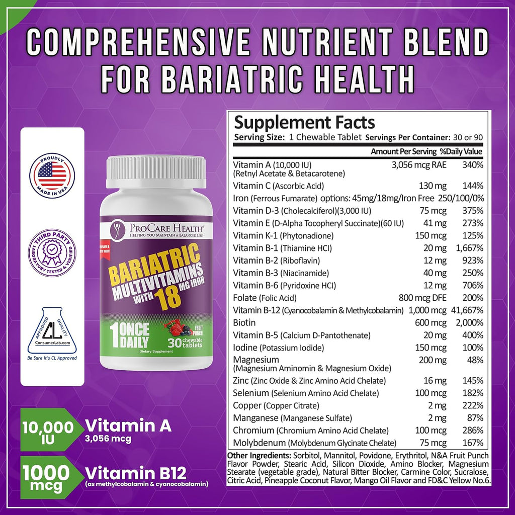 ProCare Health Multivitamínico Masticable Bariátrico con Hierro 18mg - 30 Comprimidos Sabor Fruta