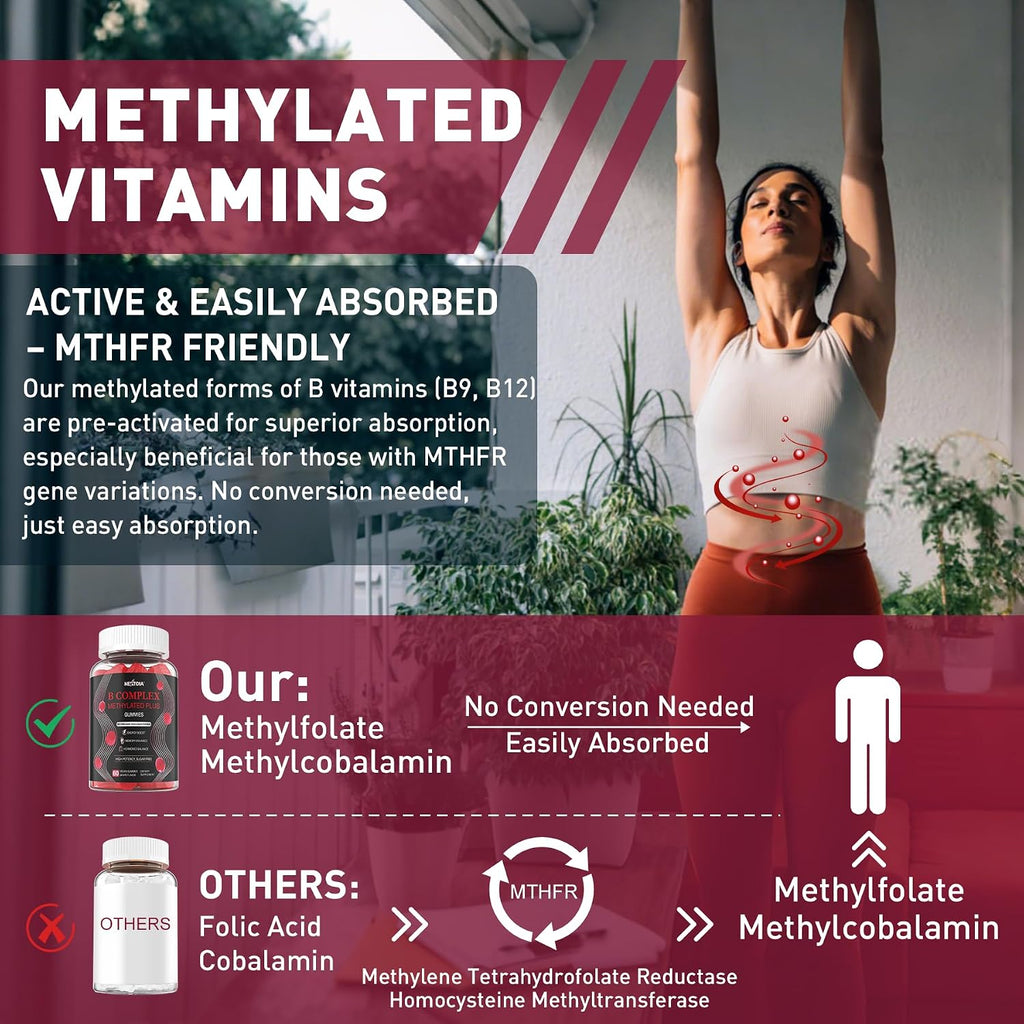 Nextdia Brain & Mood Support Gummies, Complejo B Super para Hombres y Mujeres, Todas las Vitaminas B1 B2 B3 B5 B6 B7 Folato MetilB12 con PABA, Inositol, Colina, Apoya el Gen MTHFR y la Energía, Vegano, 120 unidades