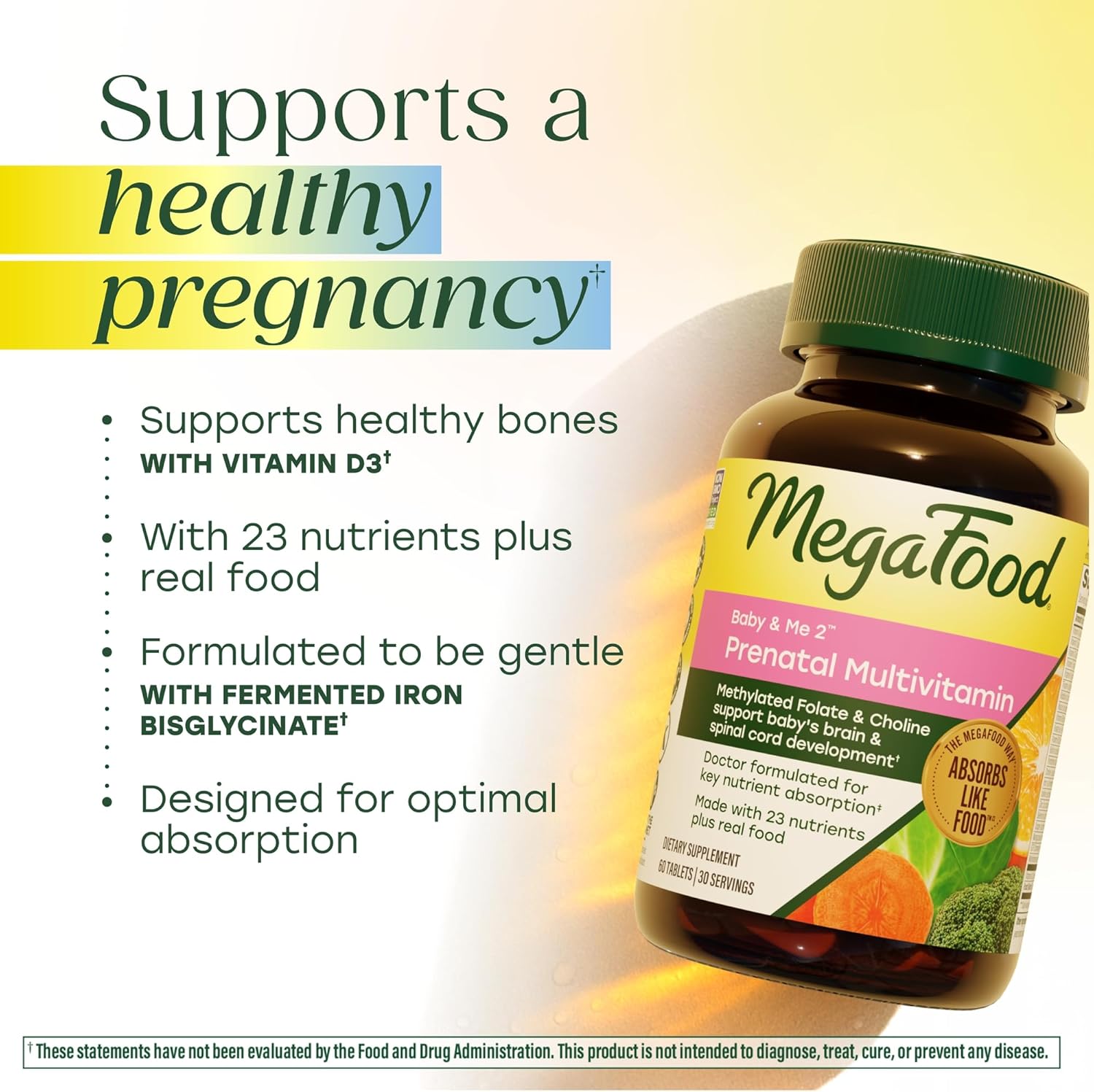 MegaFood Baby & Me 2 - Vitaminas prenatales con folato, colina, hierro, yodo - 60 comprimidos (30 dosis)