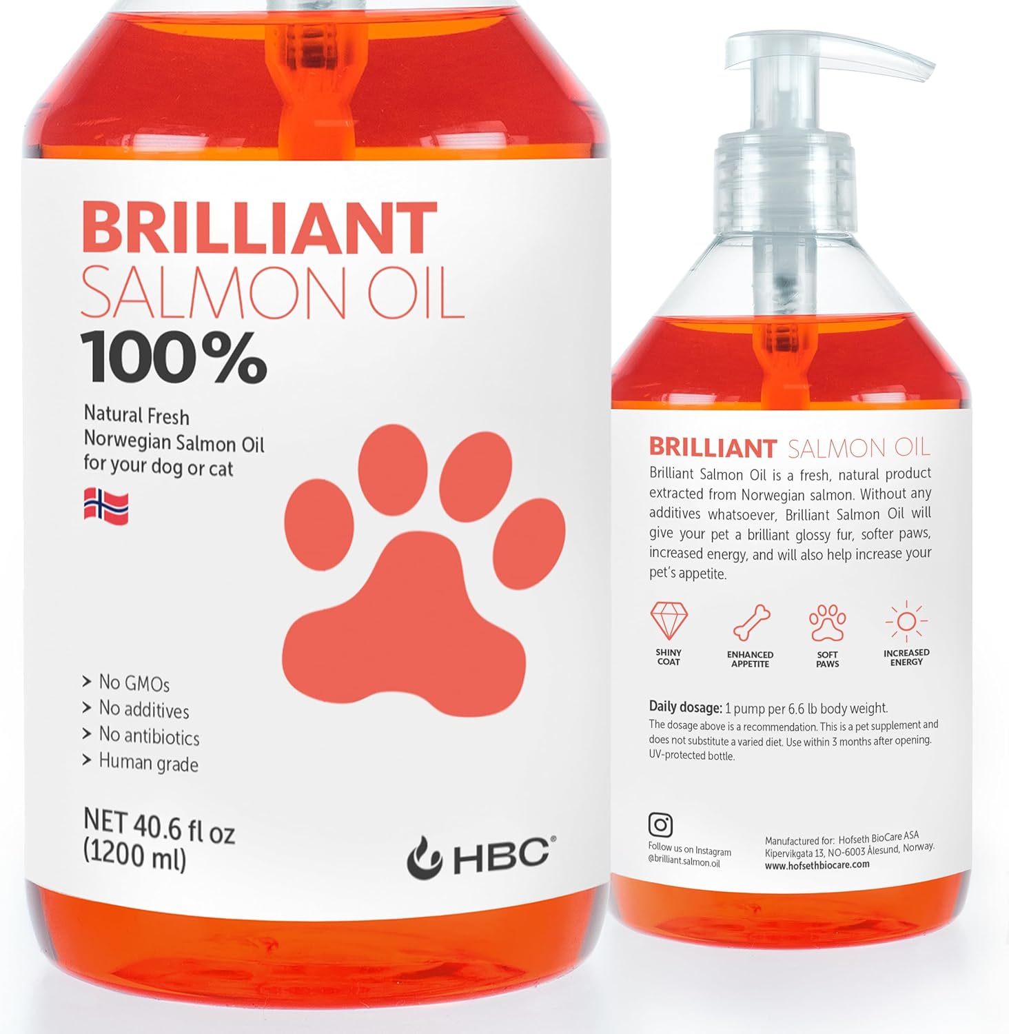 Brilliant Norwegian Salmon Oil for Dogs, Cats, Horse, Ferret - Pure Omega 3, 6 & 9 - 2x500 ml