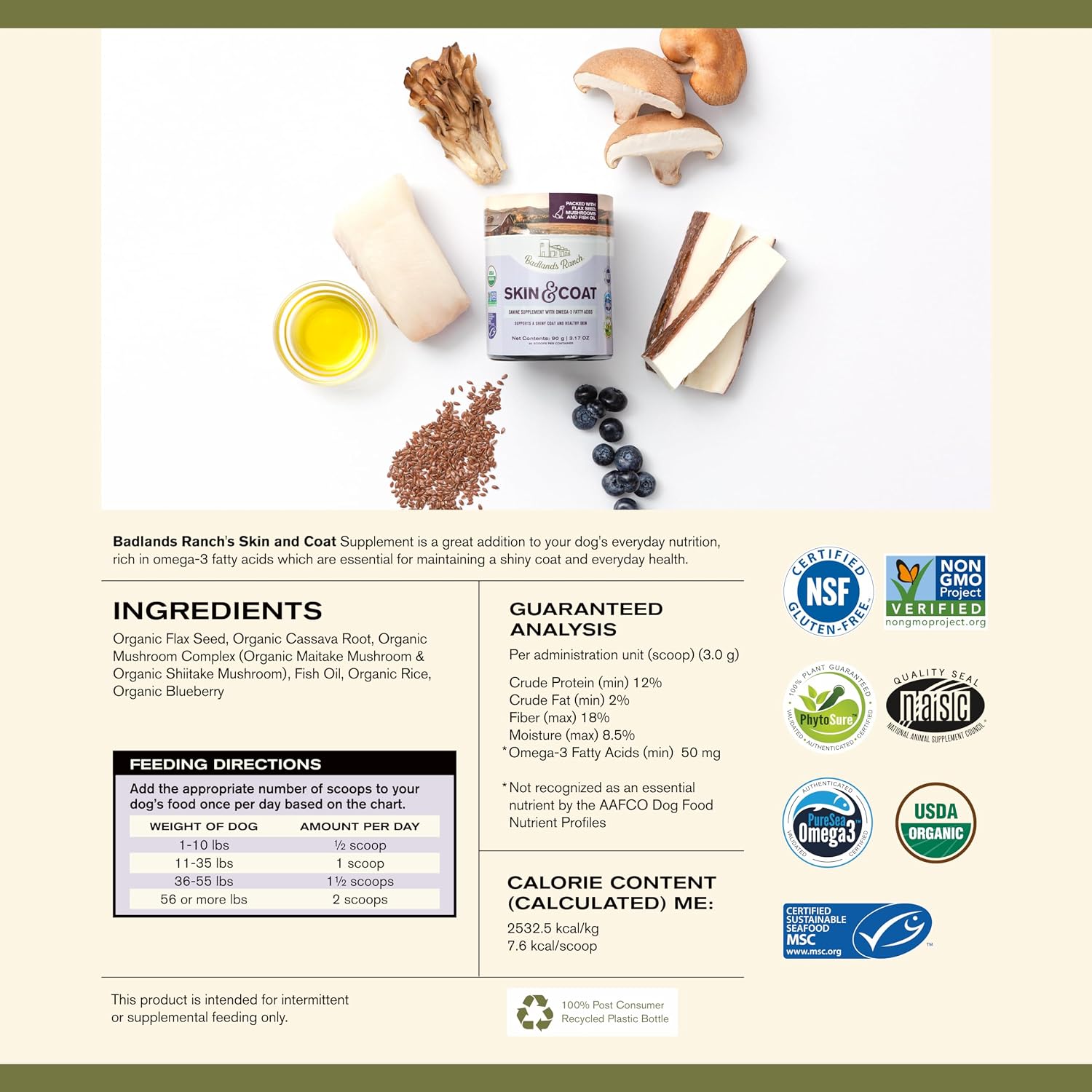 Badlands Ranch - Suplemento para Piel y Pelaje Canino con Omega-3, Ingredientes Orgánicos, 30 porciones
