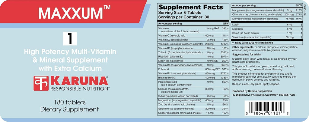 Karuna MAXXUM 1 - 180 Cápsulas Vegetarianas - Fórmula Multivitamínica y Mineral con Luteína, Licopeno, Boro, Vanadio, Yodo, Calcio, Magnesio, Vitaminas A, B, C, D, E, K, Zinc y Ácido Fólico
