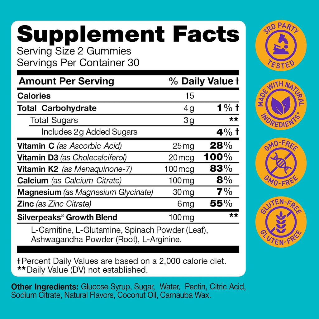 SILVERPEAKS Gomitas de Crecimiento para Niños – Complemento Multivitamínico con Calcio y Vitamina D – 60 Ud.