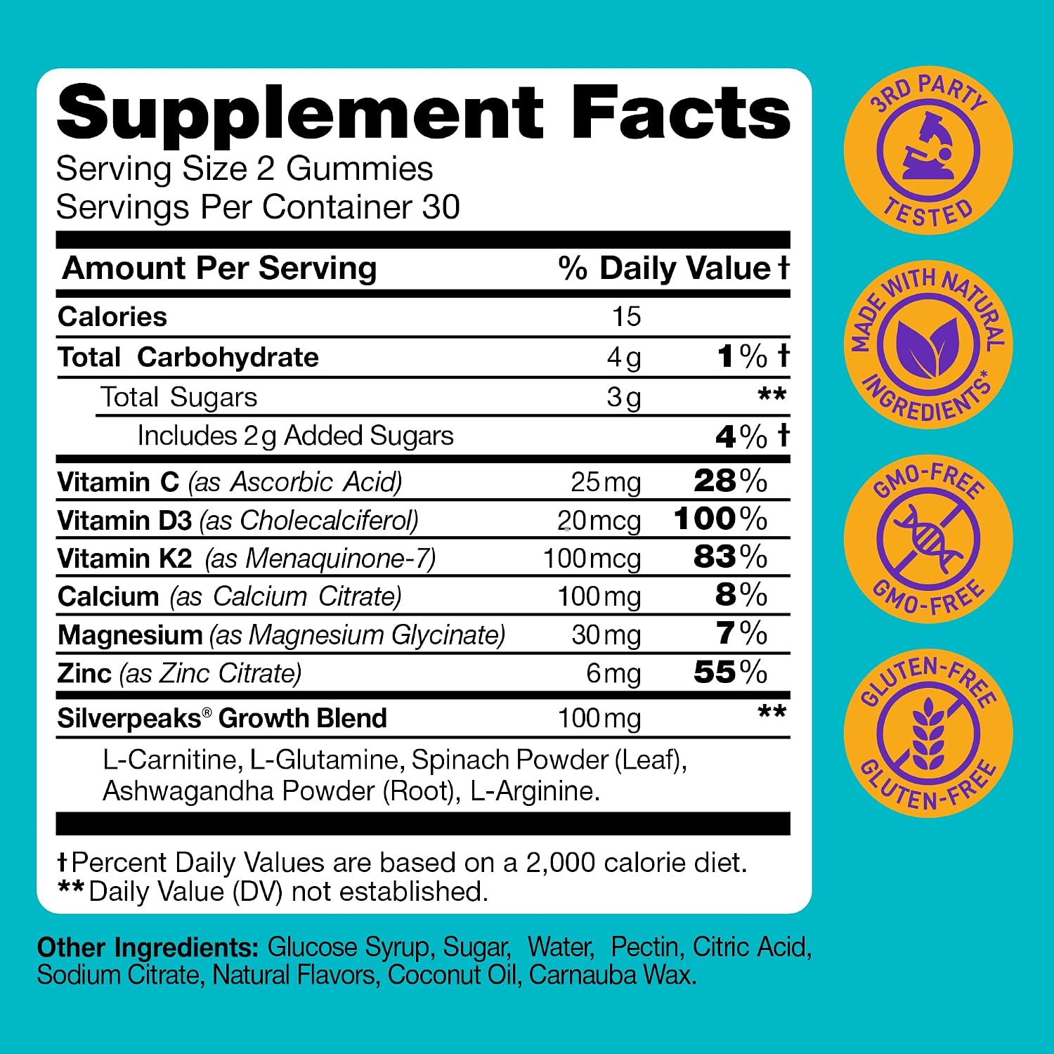 SILVERPEAKS Gomitas de Crecimiento para Niños – Complemento Multivitamínico con Calcio y Vitamina D – 60 Ud.