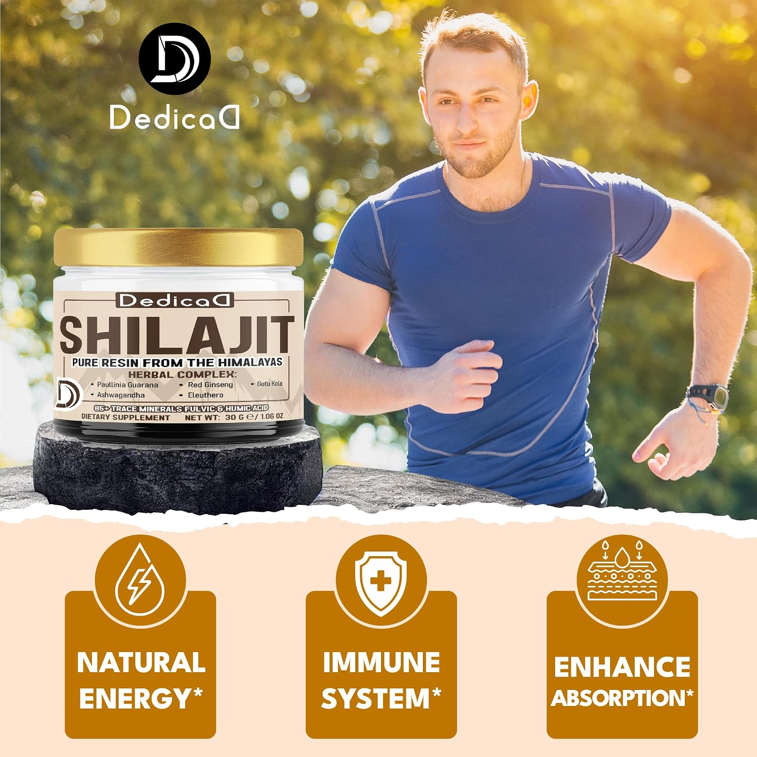 DEDICAD 30g Shilajit Resin with Herbal Complex - Paullinia Guarana, Gotu Kola Leaf & More