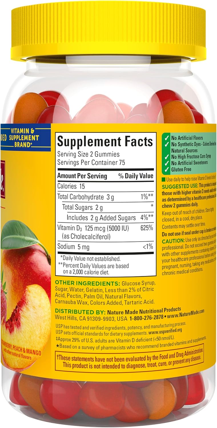Nature Made Vitamina D3 5000 UI Gominolas Extra Strength, 150 Gominolas