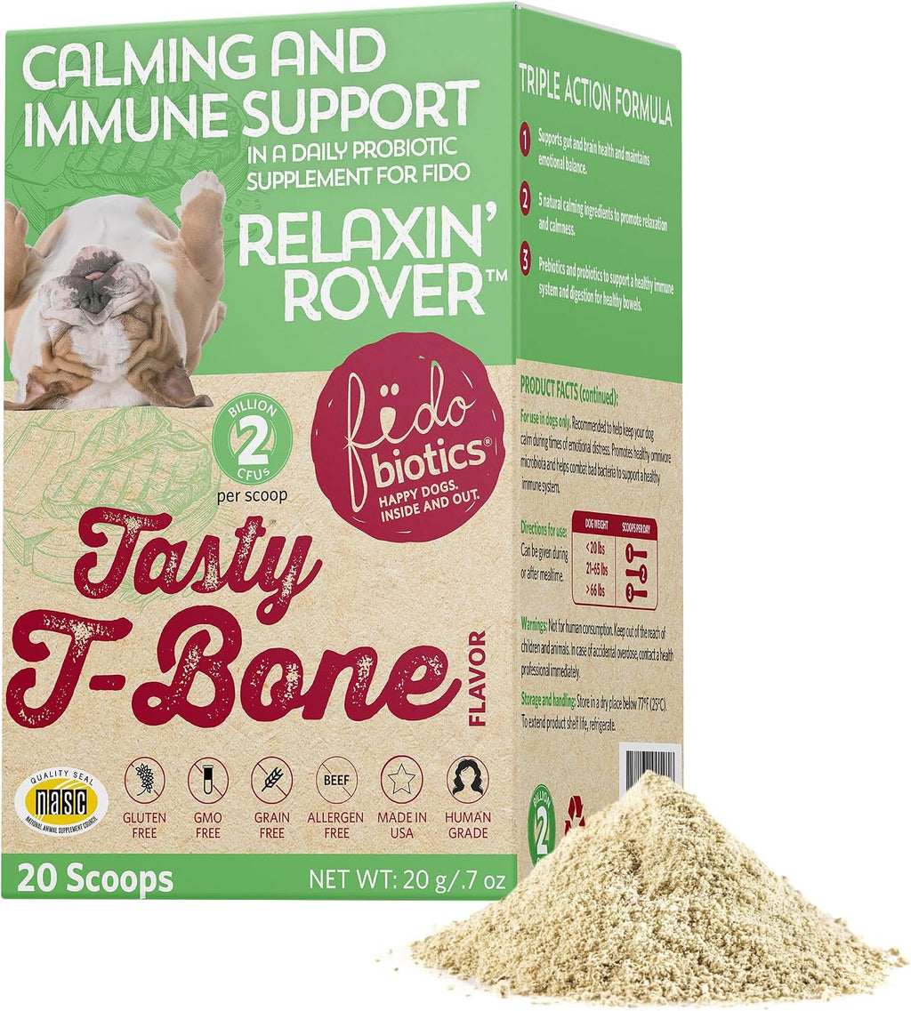 Relaxin’ Rover Suplemento Calmante con Probióticos para Perros con Valeriana, Manzanilla y GABA para Alivio del Estrés y la Ansiedad, Delicioso Sabor a Hueso T-Bone, 20 Dosis
