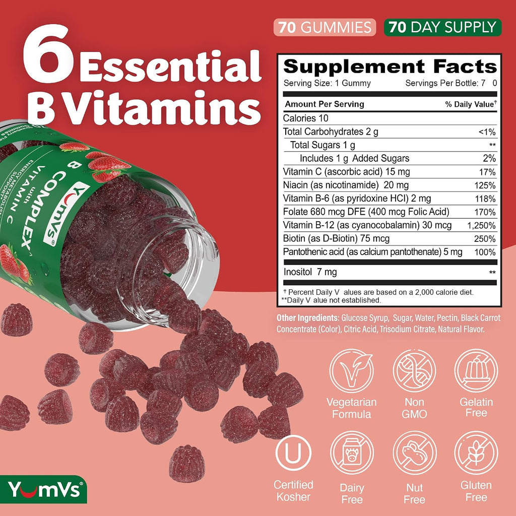 YUM-V'S Complejo B en gominolas con vitamina C – 1 al día para energía y sistema nervioso – Vegano, Kosher – 70 unidades (2 paquetes)