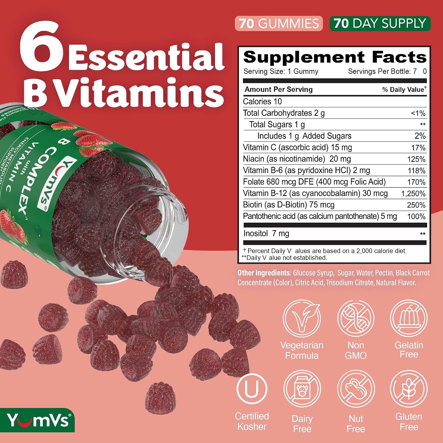YUM-V'S Complejo B en gominolas con vitamina C – 1 al día para energía y sistema nervioso – Vegano, Kosher – 70 unidades (2 paquetes)