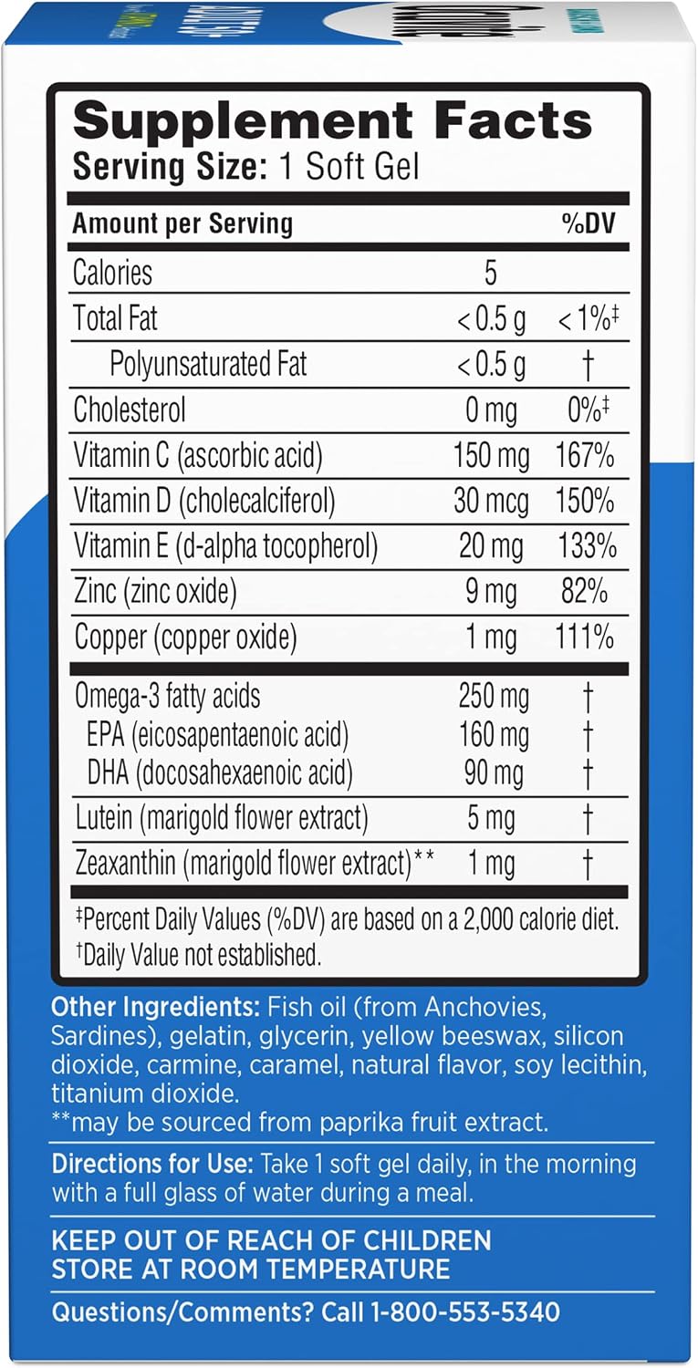 Ocuvite 50+ Eye Vitamin & Mineral Supplement, Multivitamin for Vision & Ocular Health with Omega-3, Zinc, Vitamins C & E, Lutein & Zeaxanthin, Zinc Supplements for Women and Men, 50 Softgels - 4 Pack
