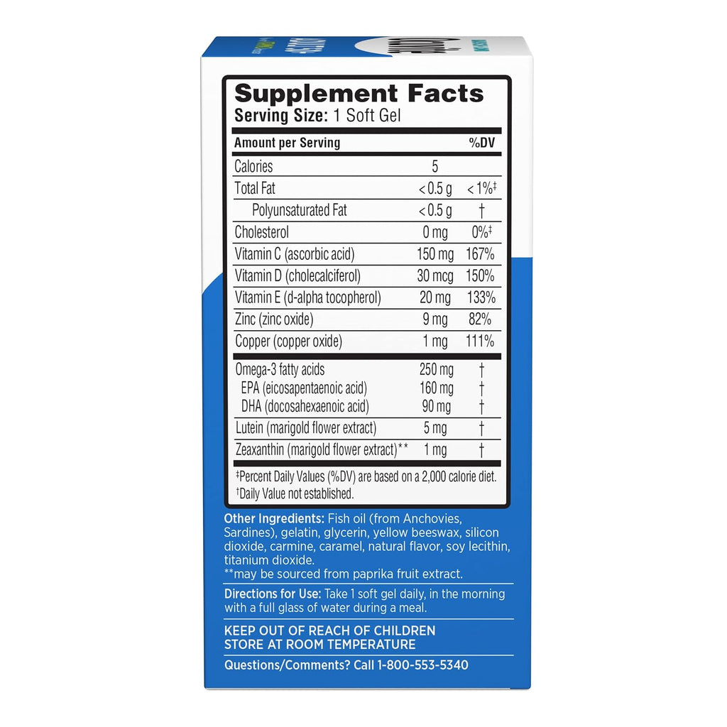 Ocuvite 50+ Complemento Alimenticio para la Visión con Omega-3, Zinc, Vitaminas C y E, Luteína y Zeaxantina - 50 Cápsulas Blandas