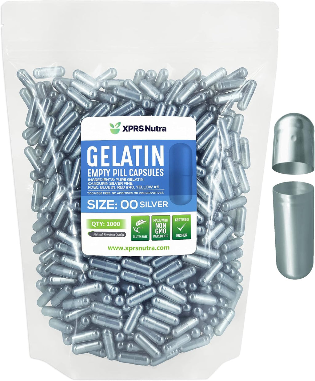 XPRS Nutra Cápsulas Vacías Tamaño 00 - 1000 Unidades - Gelatina para Rellenar (Plata)