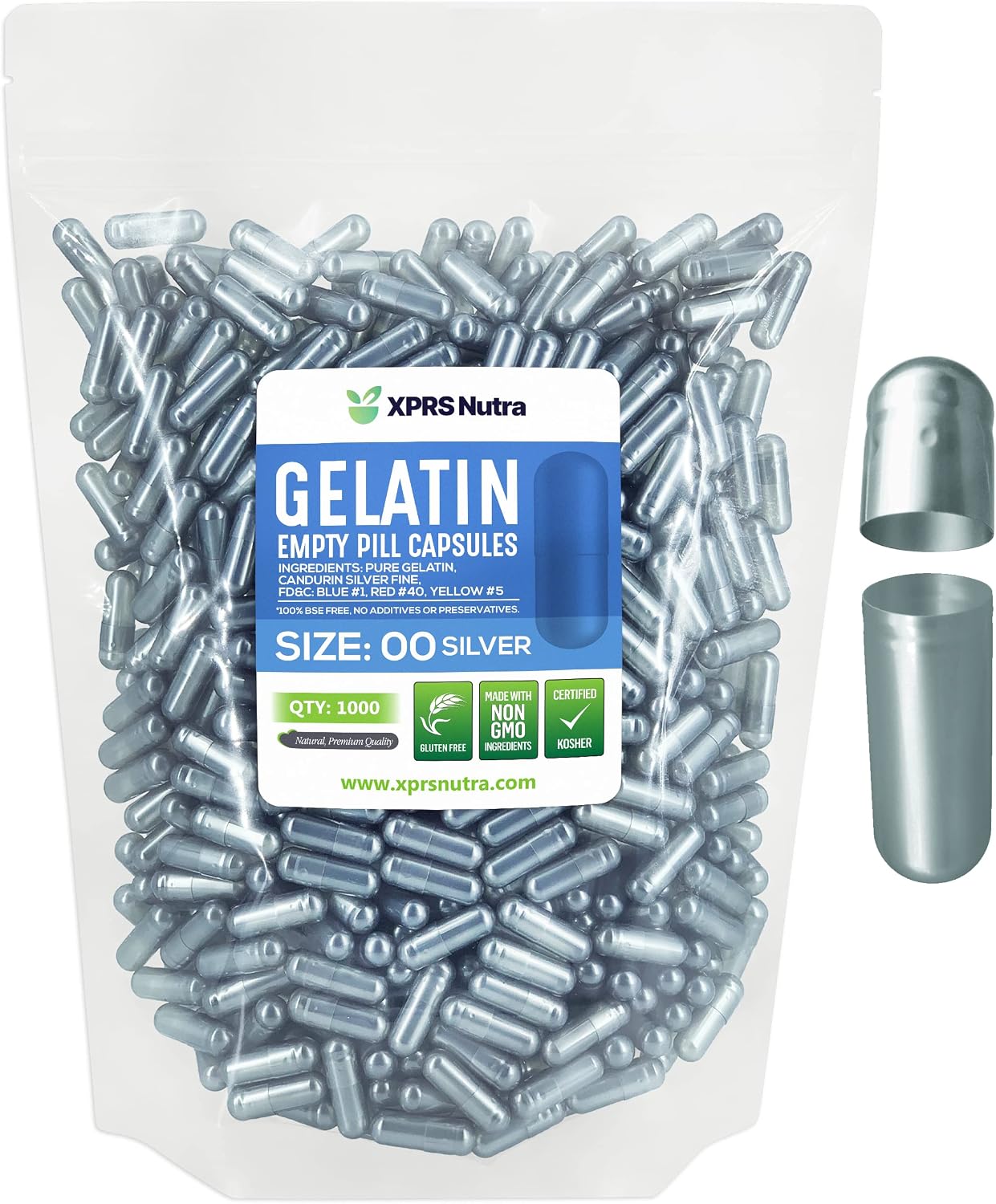 XPRS Nutra Cápsulas Vacías Tamaño 00 - 1000 Unidades - Gelatina para Rellenar (Plata)