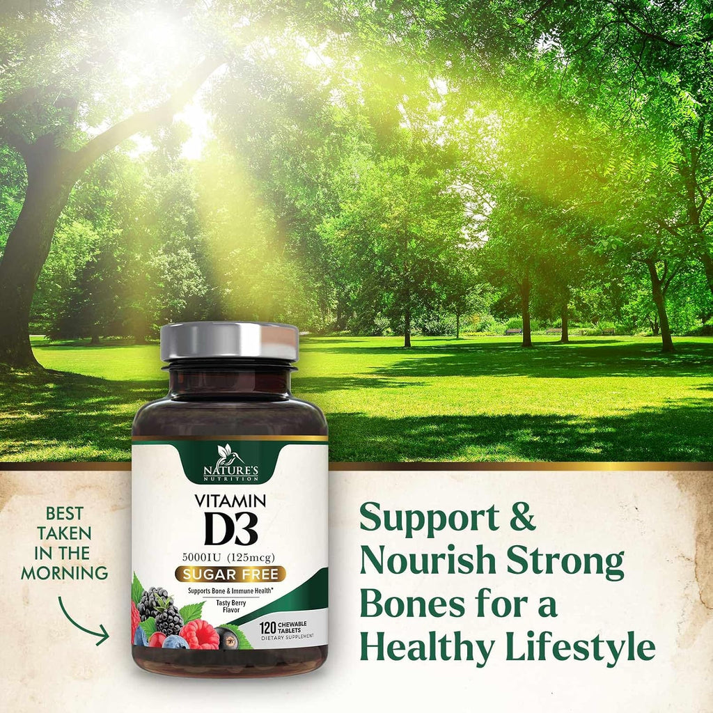 Vitamina D3 5000 UI (125 mcg) por ración - Comprimidos masticables extra fuertes para el apoyo inmunitario, huesos, dientes y músculos - Sin azúcar, sin gluten, envasado en EE. UU. - 120 comprimidos
