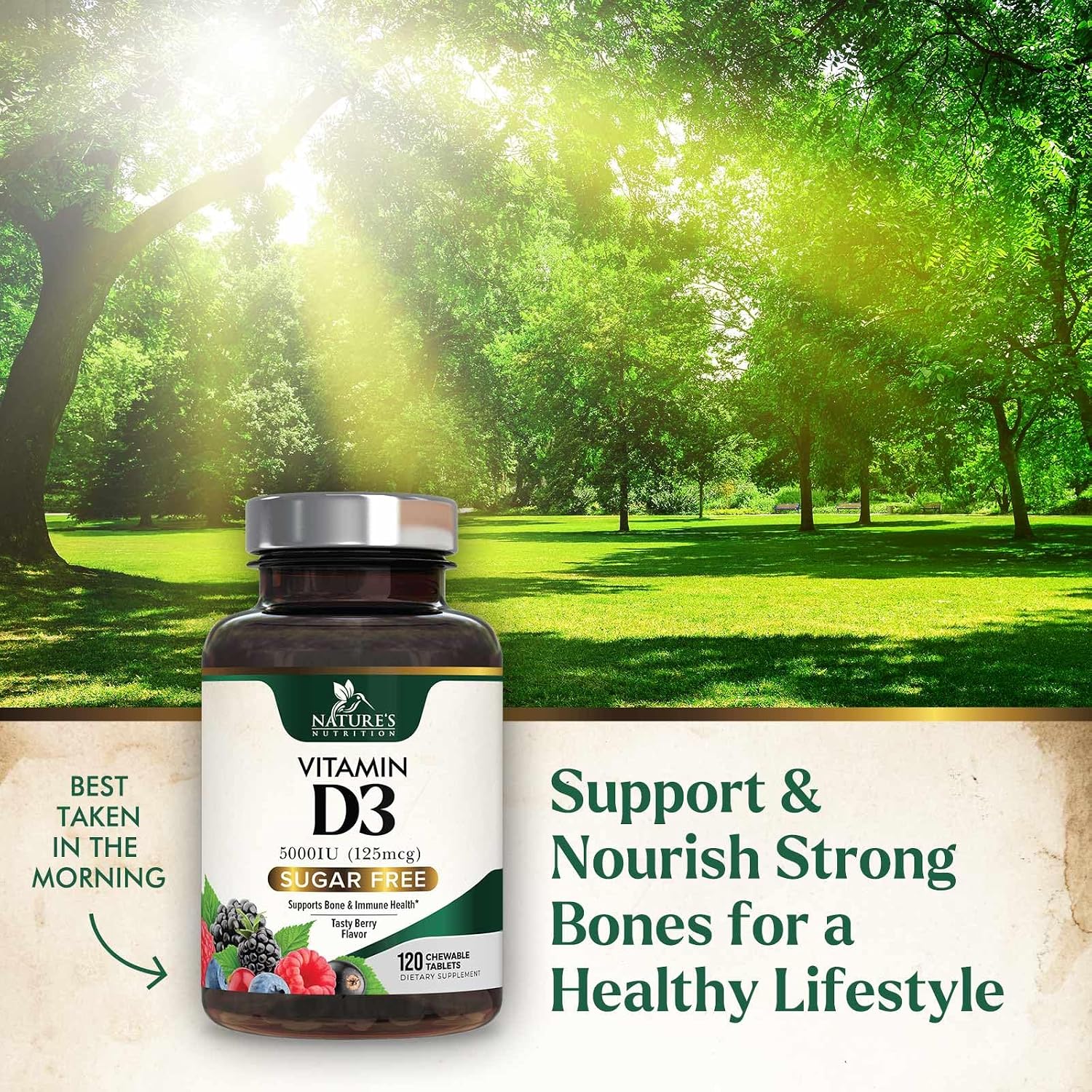 Vitamina D3 5000 UI (125 mcg) por ración - Comprimidos masticables extra fuertes para el apoyo inmunitario, huesos, dientes y músculos - Sin azúcar, sin gluten, envasado en EE. UU. - 120 comprimidos