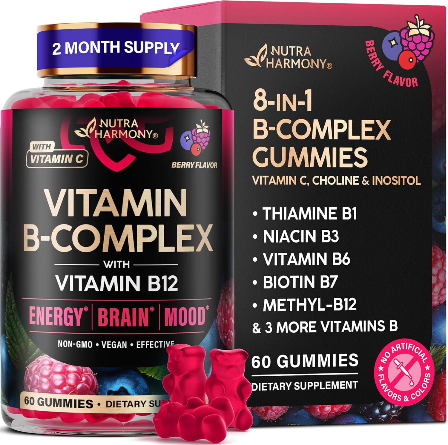 NUTRAHARMONY Complejo B Gominolas - Vitaminas B1-B12, C y Colina - 60 Gominolas Veganas Sabor Berry