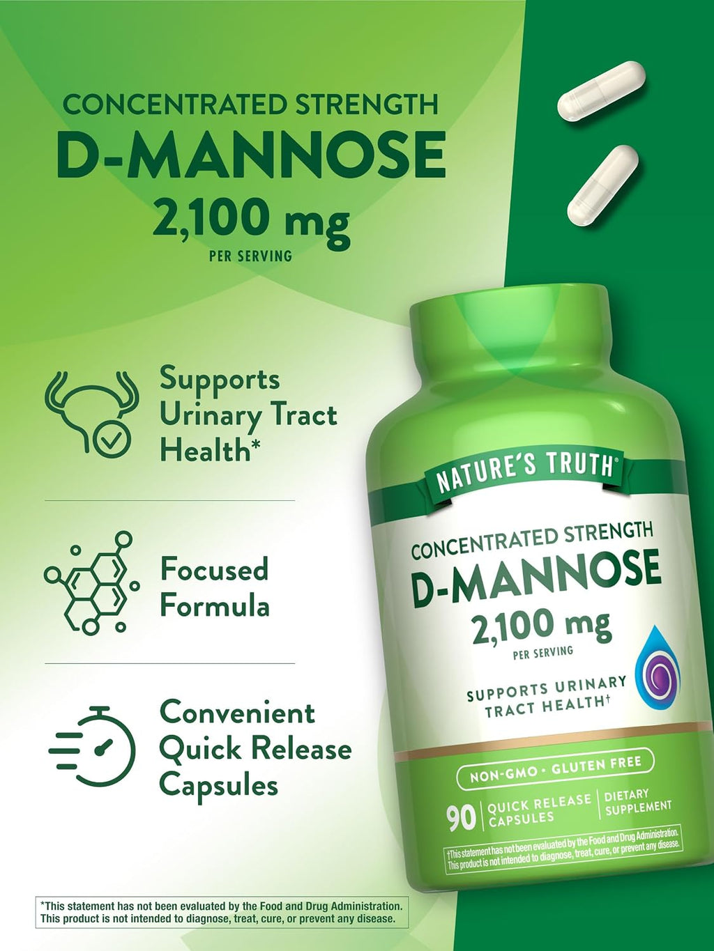 Nature's Truth D-Manosa 2100 mg | 90 Cápsulas | No-GMO y Sin Gluten