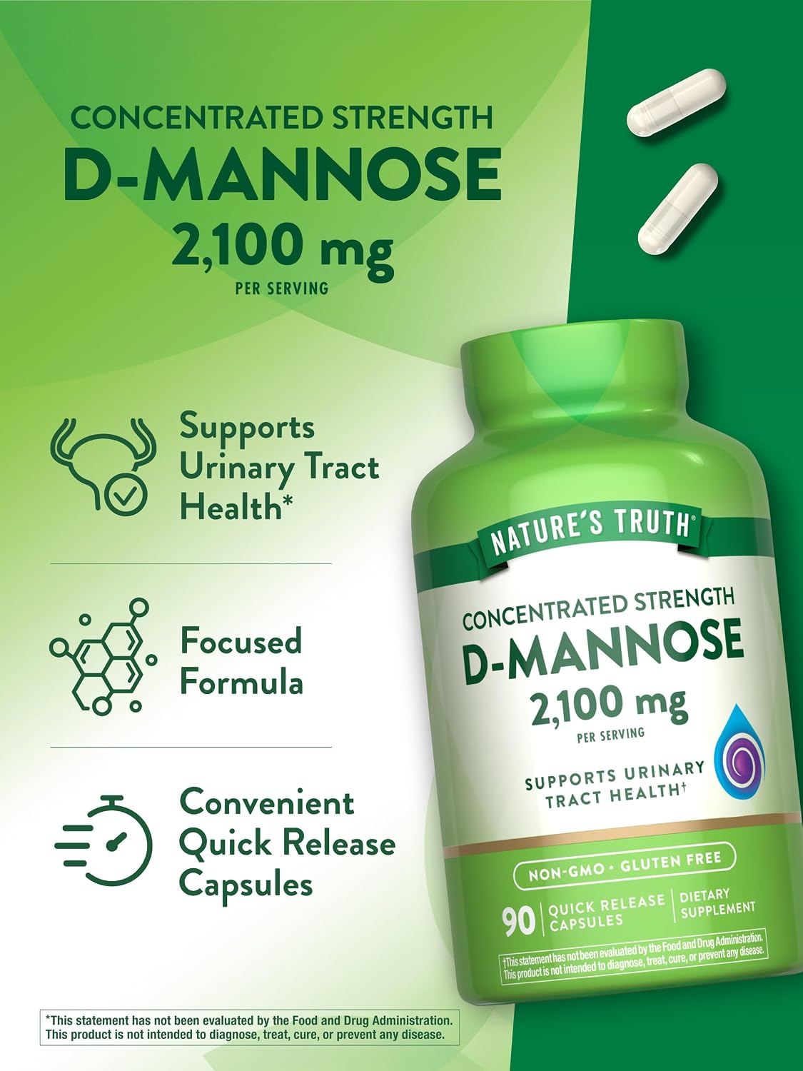 Nature's Truth D-Manosa 2100 mg | 90 Cápsulas | No-GMO y Sin Gluten