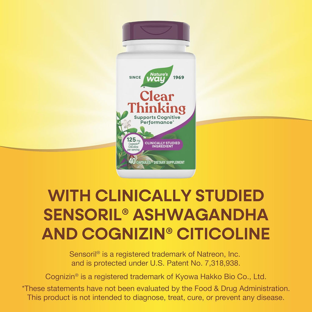 Nature's Way Clear Thinking Cognitivo, Ashwagandha, Reduce el Estrés y Apoya el Rendimiento Cognitivo, 40 Cápsulas