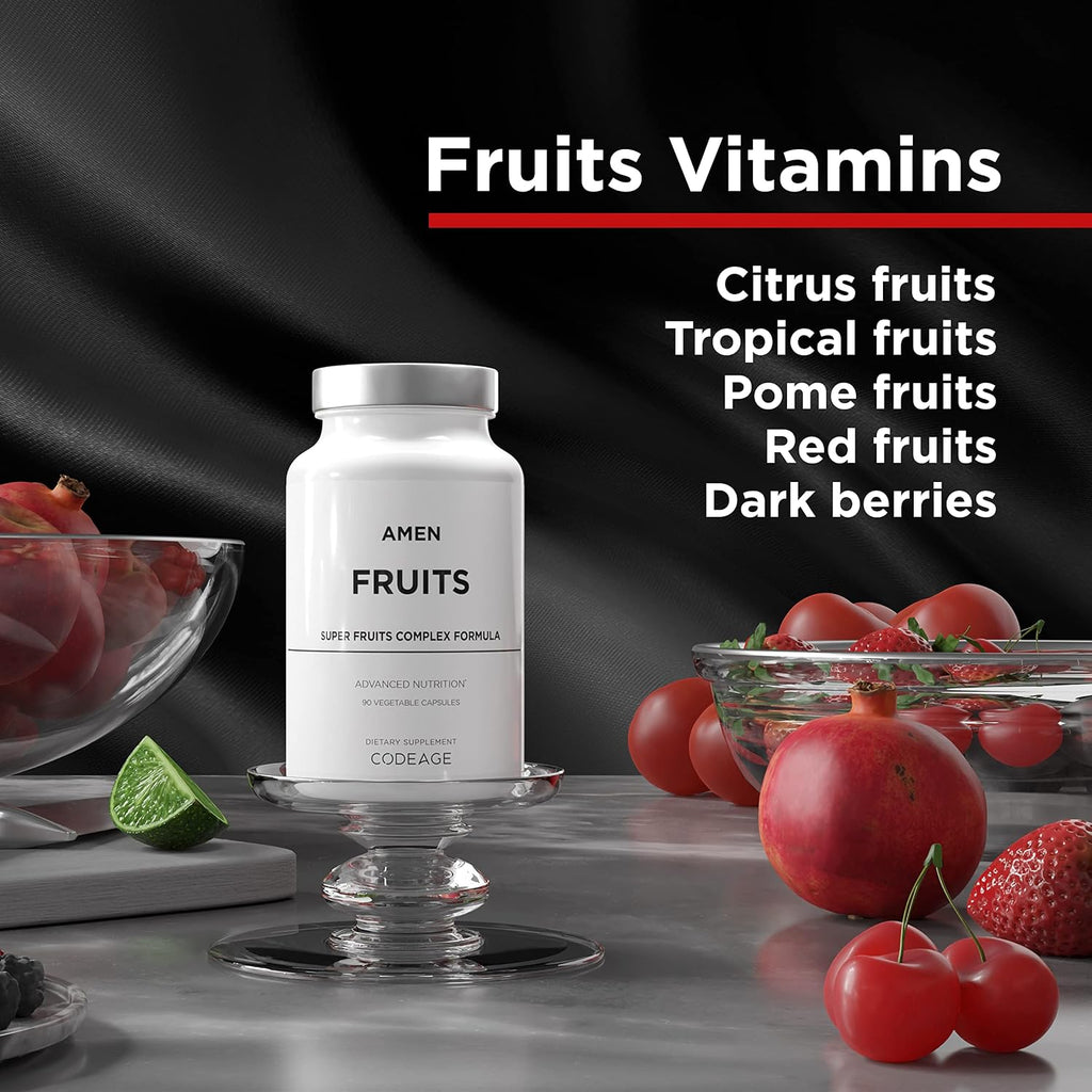 Amen Fruits, Suplemento Diario de Vitaminas con Más de 20 Extractos de Frutas Enteras - Multivitamínico Natural, Bayas, Antioxidantes, Polifenoles y Flavonoides - No-GMO - 90 Cápsulas