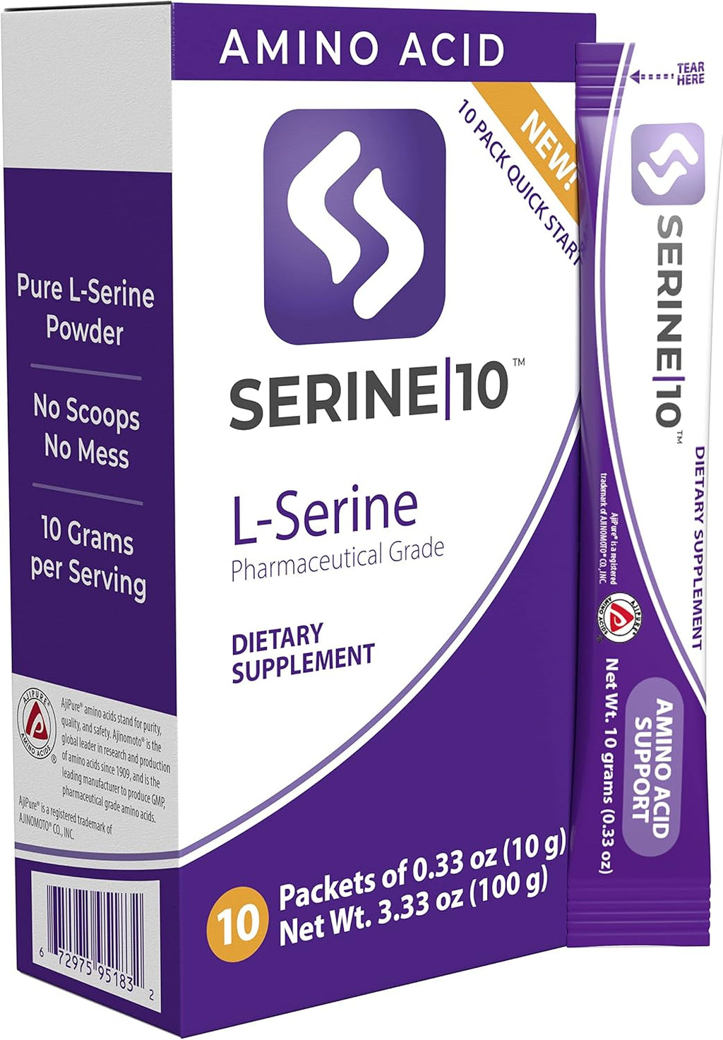 SERINE10 L-Serina Nootrópicos Sobres - Apoya la Salud Cerebral, Memoria, Concentración y Producción de Serotonina, L-Triptófano y L-Cistina - 10 Sobres Premidos con 10 Gramos (10000 mg)
