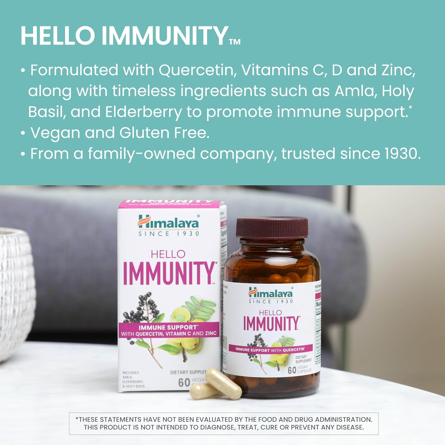 Himalaya Hello Immunity con Quercetina - 60 Comprimidos (500 mg) - Suplemento de Apoyo Inmunológico con Bioflavonoides y Antioxidantes - Vegano, No-GMO, Sin Gluten