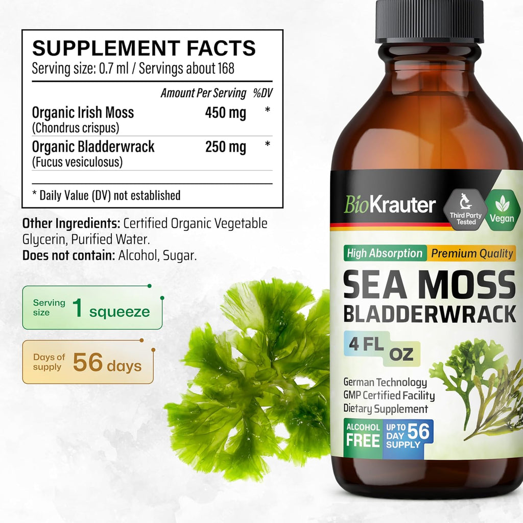 BIO KRAUTER® Gotas de Musgo de Mar y Bladderwrack - Suplemento Vegano de Algas Marinas, 118 ml
