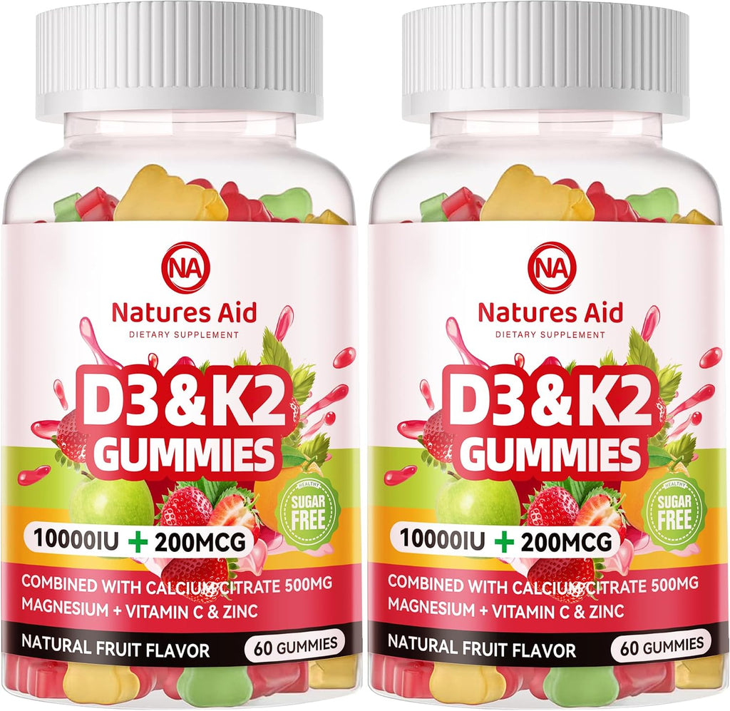 Natures Aid Gominolas Sin Azúcar de Vitamina D3 y K2 con Calcio + K2 (MK-7), Citrato de Magnesio, Vitamina C - Absorción Ósea, Muscular e Inmune - Vegano - 120 Gominolas