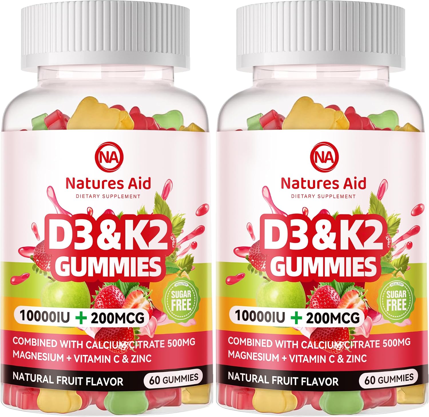 Natures Aid Gominolas Sin Azúcar de Vitamina D3 y K2 con Calcio + K2 (MK-7), Citrato de Magnesio, Vitamina C - Absorción Ósea, Muscular e Inmune - Vegano - 120 Gominolas