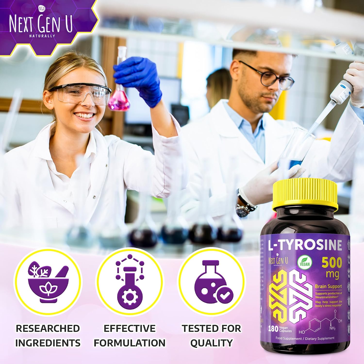 L-Tirosina 500 mg, 180 Cápsulas Veganas - NextGenU