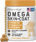 Omega 3 Fish Oil for Dogs - 180 Soft Chews - Itch Relief, Shedding & Hot Spots - Skin and Coat Supplement - Salmon Oil, EPA & DHA - Allergy Chews - Made in USA - Chew + Heal