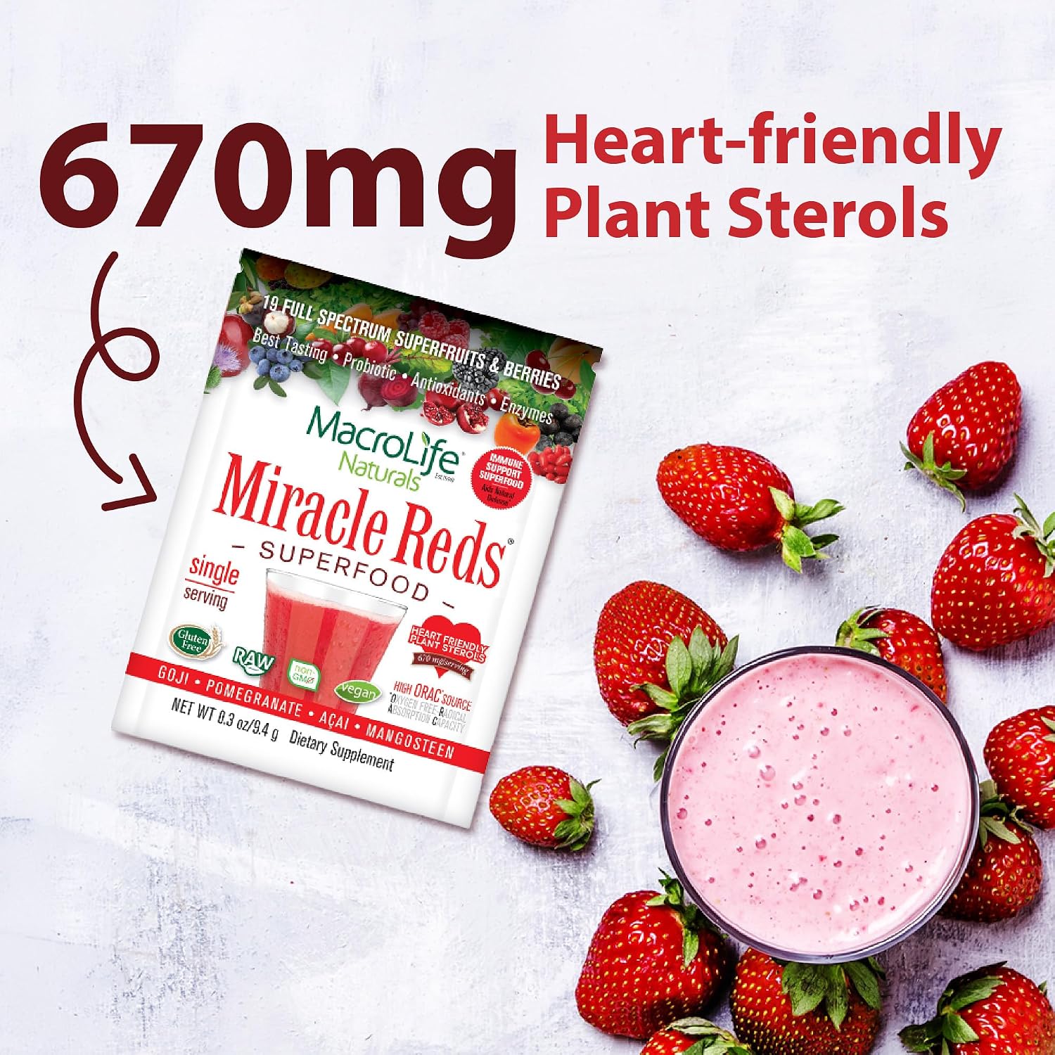 MacroLife Naturals Miracle Reds Superfood Powder - 19 Superfrutas, Probióticos y Enzimas - 12 Sobres