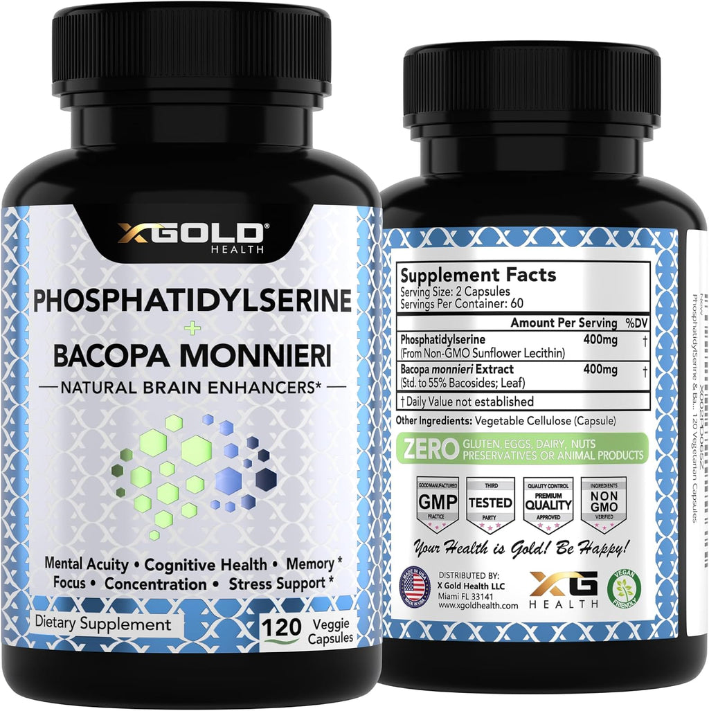 X Gold Health Phosphatidylserine y Bacopa Monnieri 800 mg | Suplemento Nootrópico para el Enfoque y la Memoria | 120 Cápsulas Vegetales