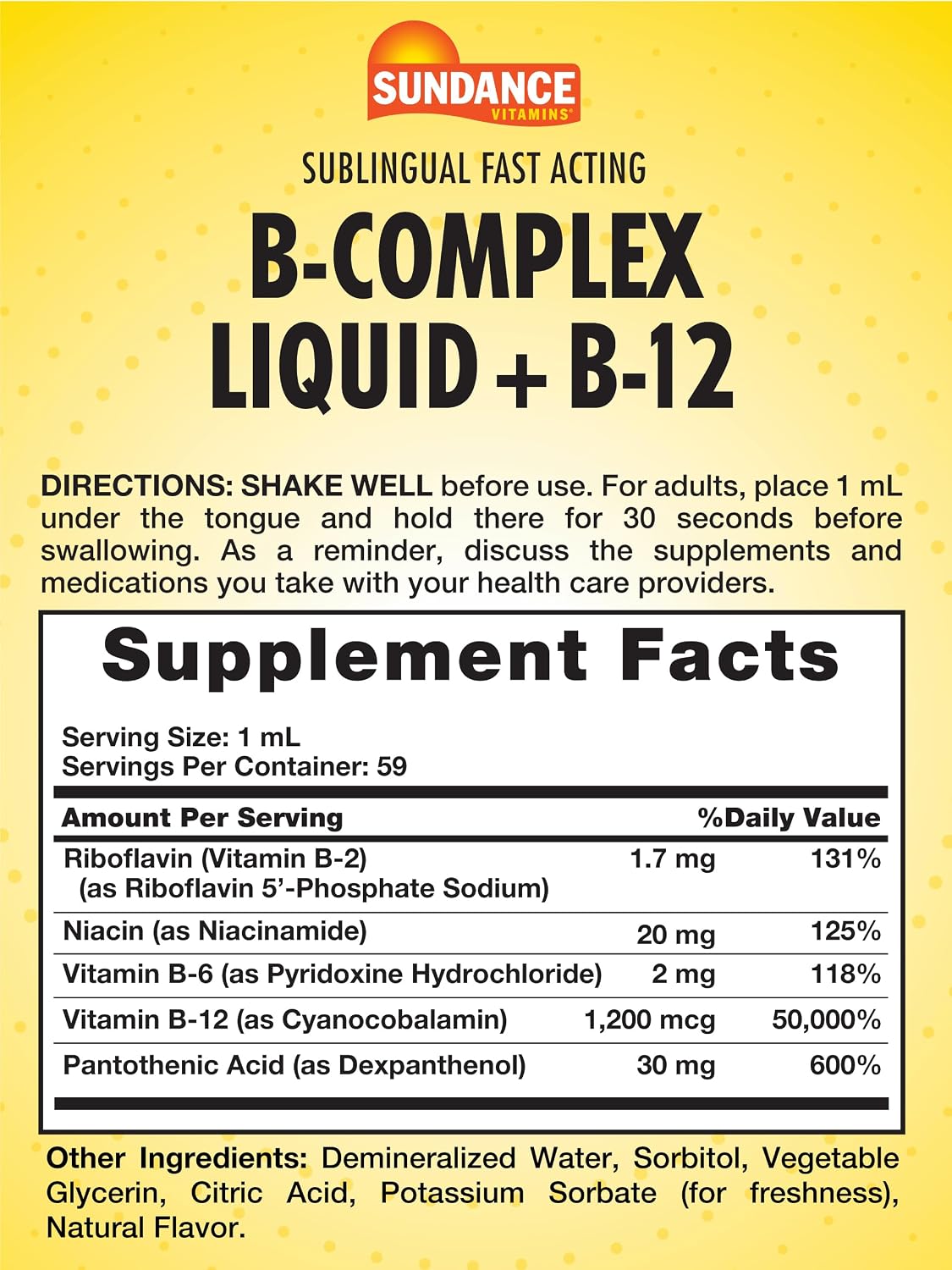 Sundance Complejo de Vitaminas B Sublingual – 60 ml – con B12, Sabor Berry – Suplemento Vegetariano, No GMO y Sin Gluten