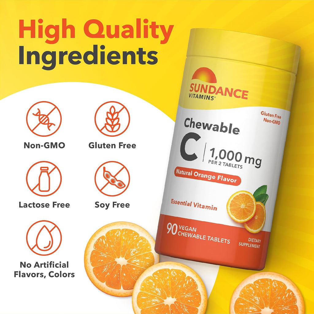Sundance Vitamina C 1000 mg Masticable – 90 Comprimidos Sabor Naranja Natural – Vegano, No Transgénico, Sin Gluten