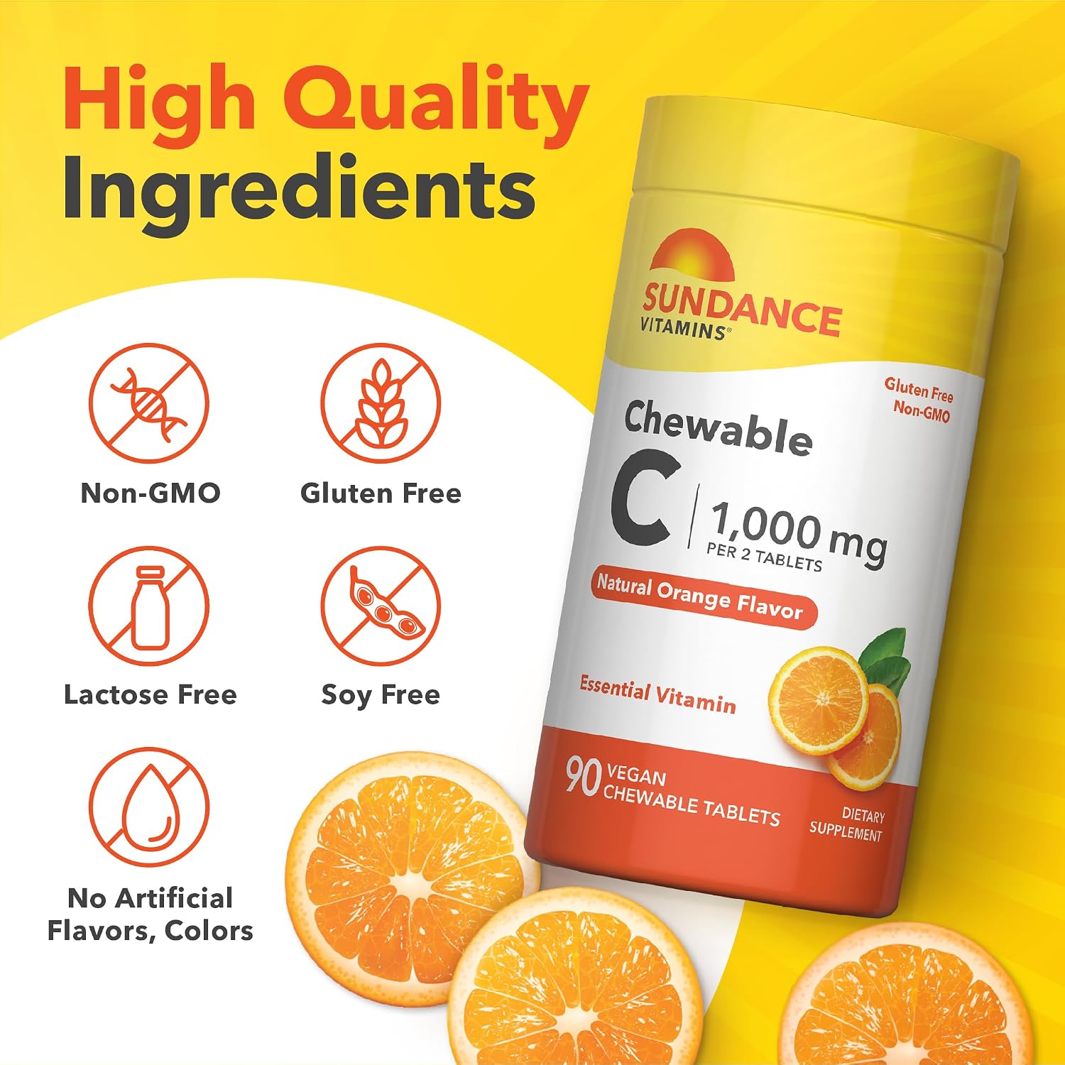 Sundance Vitamina C 1000 mg Masticable – 90 Comprimidos Sabor Naranja Natural – Vegano, No Transgénico, Sin Gluten