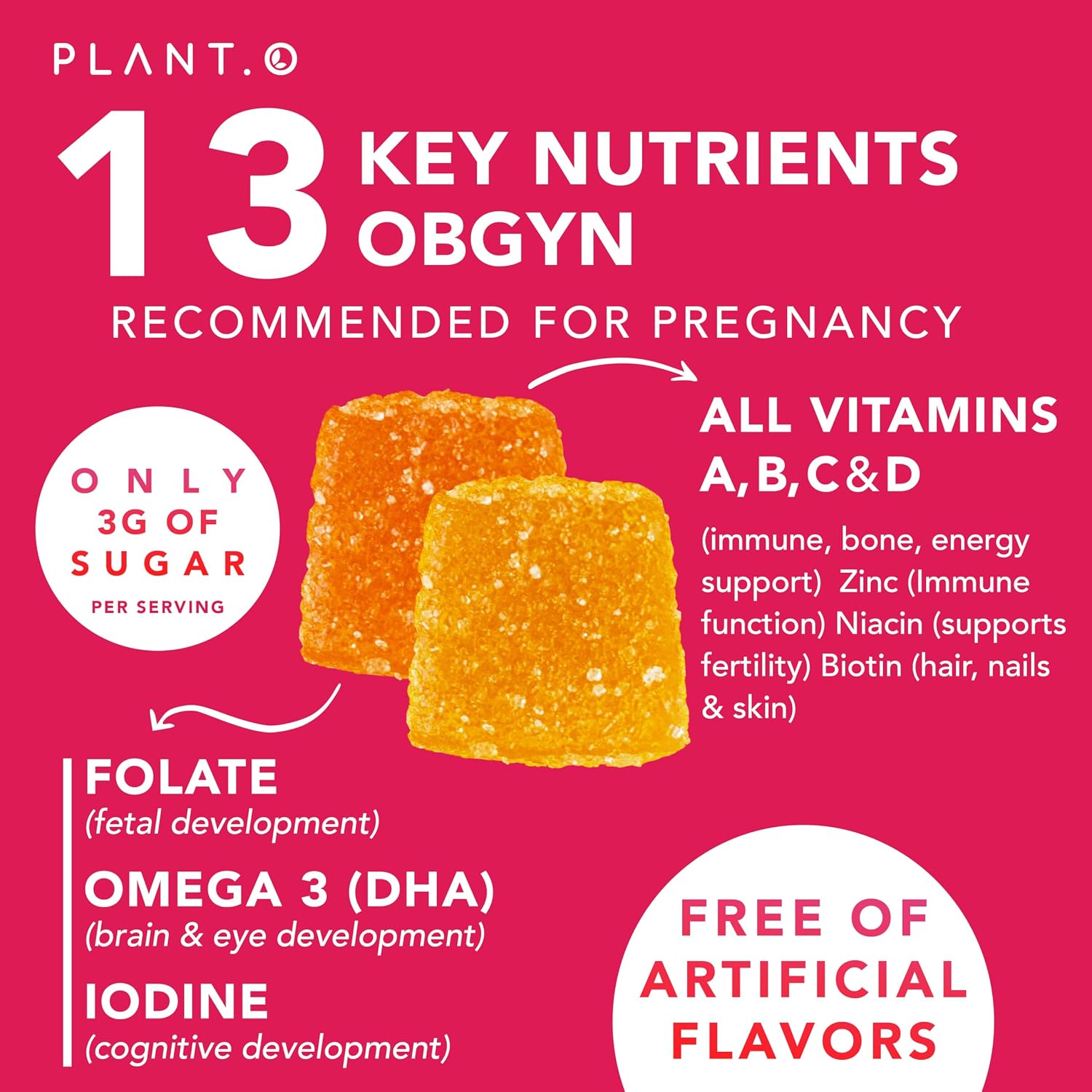 Gominolas Prenatales para Mujeres con DHA, Folato, Vitaminas B, C, D | PLANT.O NUTRITION