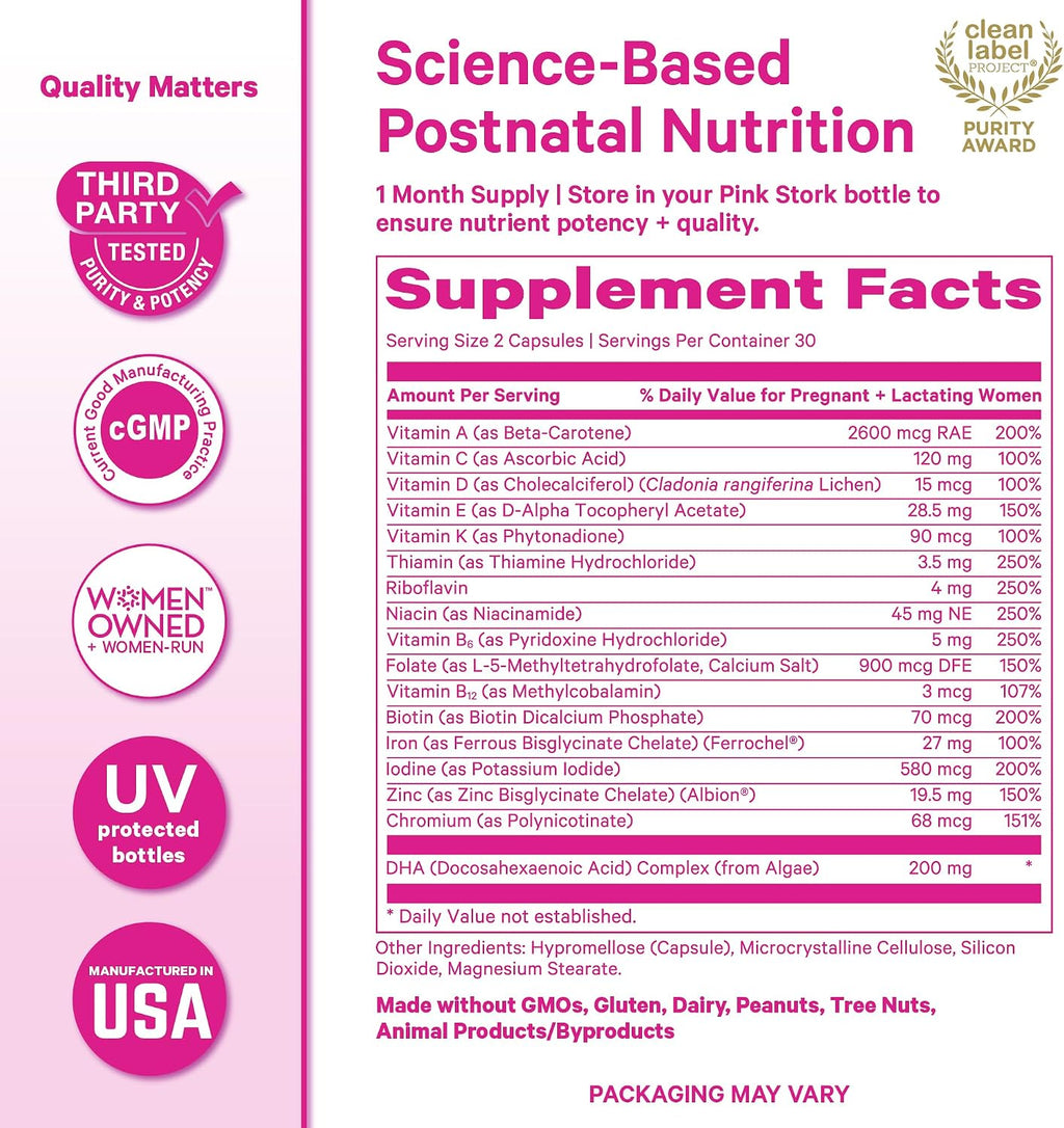 Pink Stork Total Postnatal Vitaminas para Mujeres | DHA de Algas Vegano, Folato Metilado, Hierro, B12 | Apoyo Postparto y Lactancia | 60 Cápsulas, Menta
