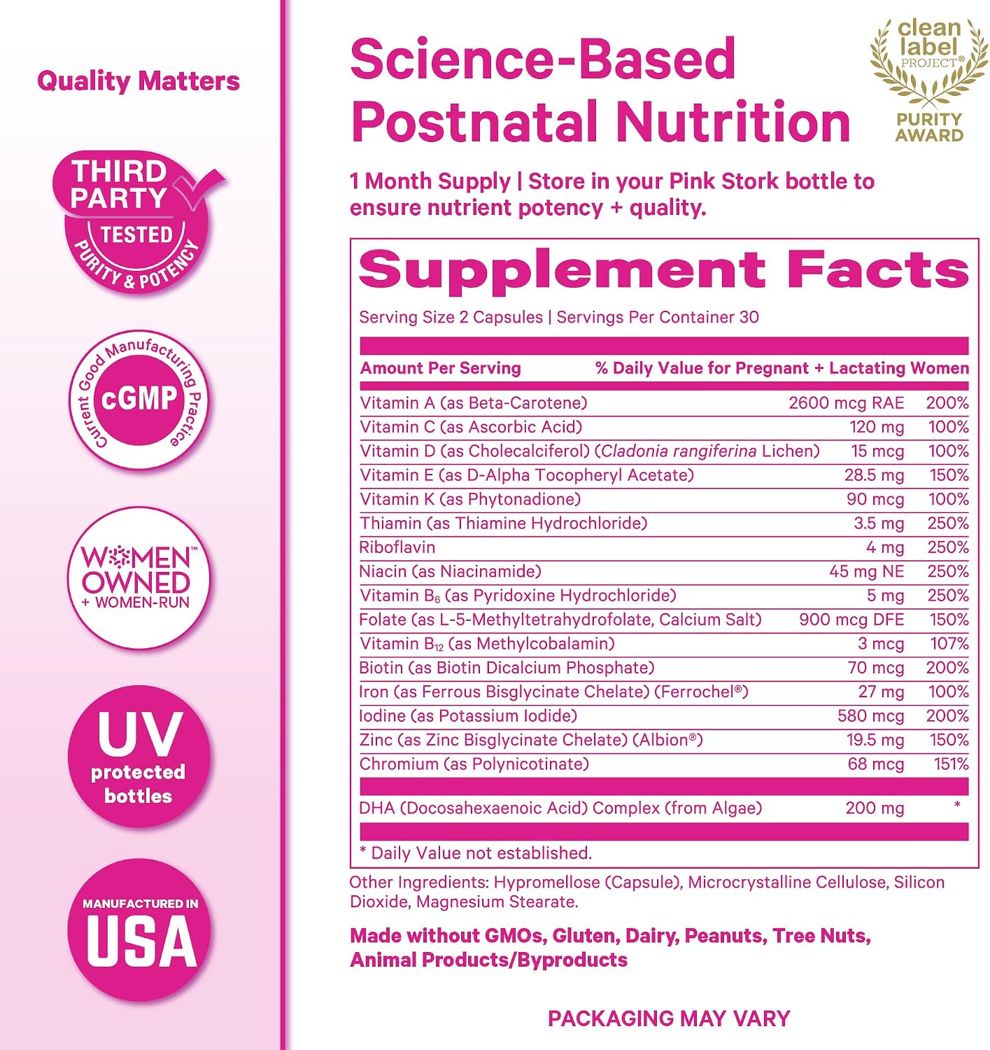 Pink Stork Total Postnatal Vitaminas para Mujeres | DHA de Algas Vegano, Folato Metilado, Hierro, B12 | Apoyo Postparto y Lactancia | 60 Cápsulas, Menta