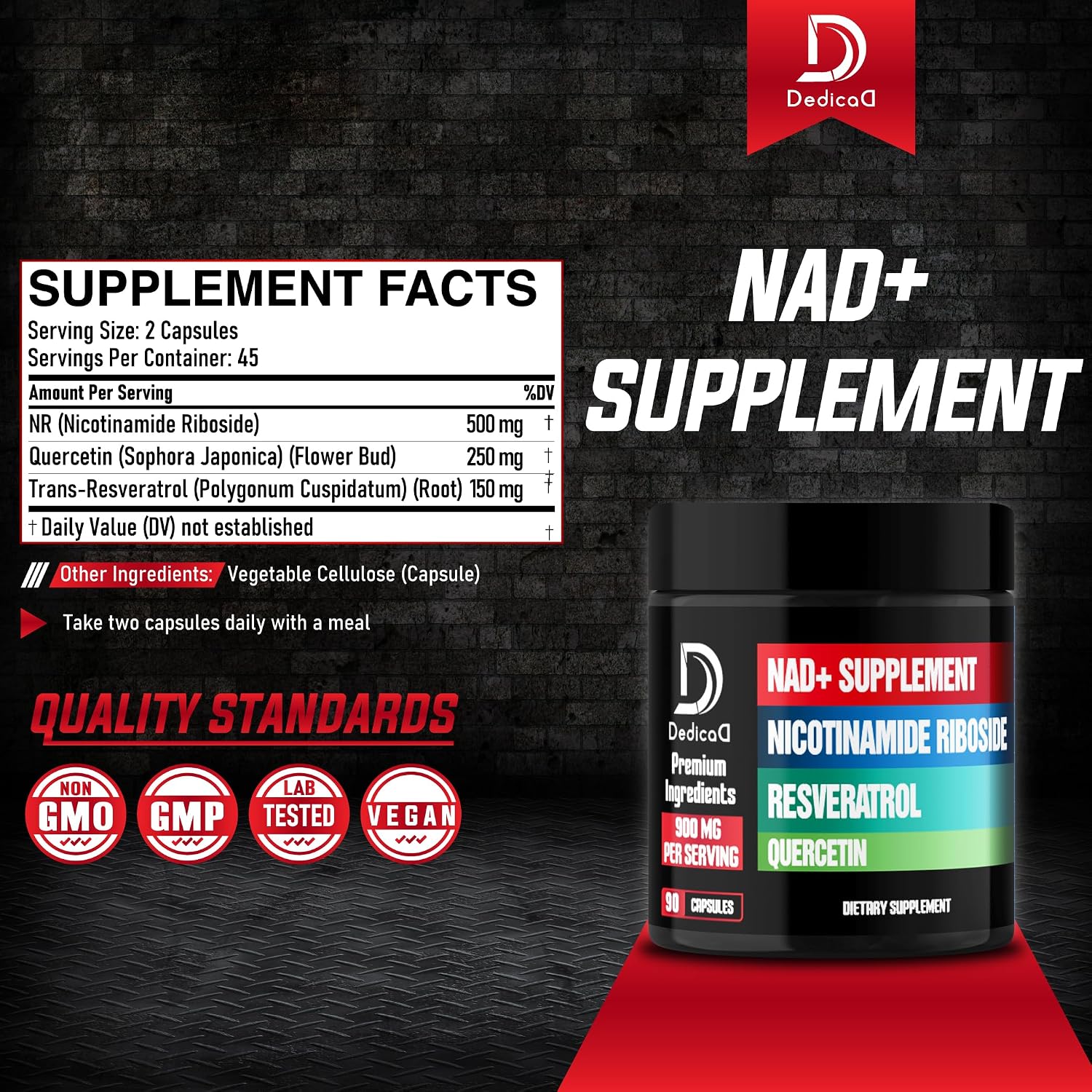 DEDICAD NAD Supplement con Nicotinamida Ribósido Liposomal 900mg, Resveratrol y Quercetina - 90 Cápsulas