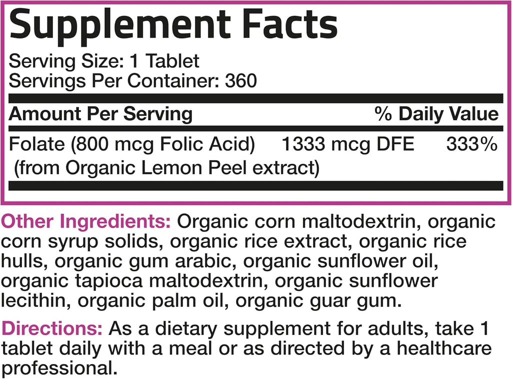 Bronson Ácido Fólico Orgánico (Vitamina B9 Folato) 800 mcg de Cáscara de Limón - 360 Comprimidos