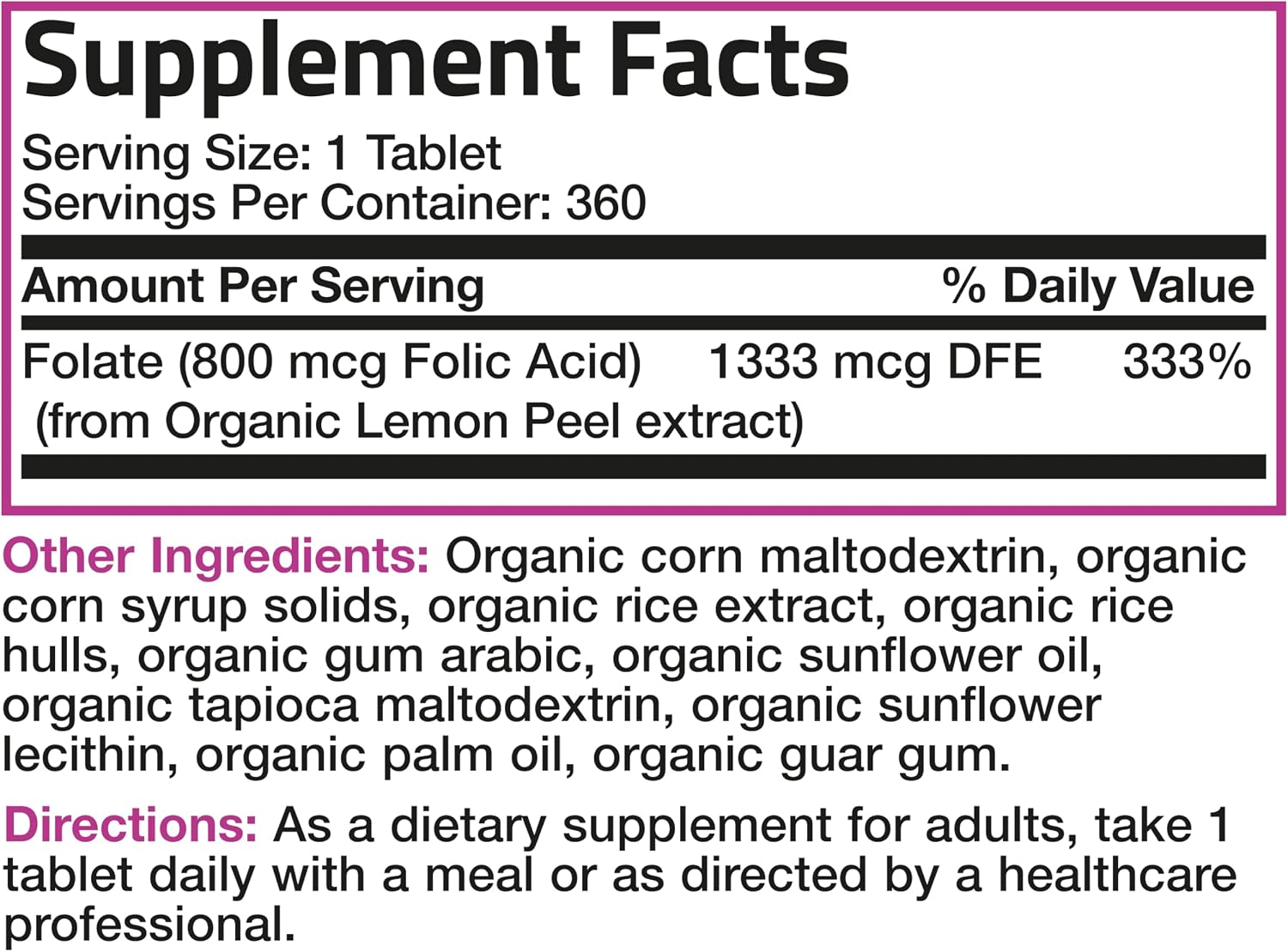 Bronson Ácido Fólico Orgánico (Vitamina B9 Folato) 800 mcg de Cáscara de Limón - 360 Comprimidos