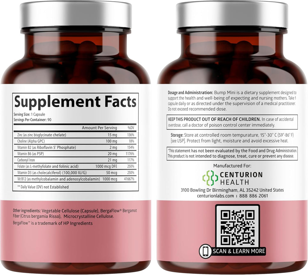 Centurion Health Bump Mini Vitaminas Prenatales Completas para Mujeres con Folato, Colina, Hierro Carbonilo, Zinc, Vitamina D3 y Vitamina B12, 90 Cápsulas