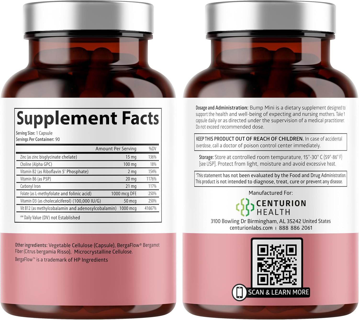 Centurion Health Bump Mini Vitaminas Prenatales Completas para Mujeres con Folato, Colina, Hierro Carbonilo, Zinc, Vitamina D3 y Vitamina B12, 90 Cápsulas