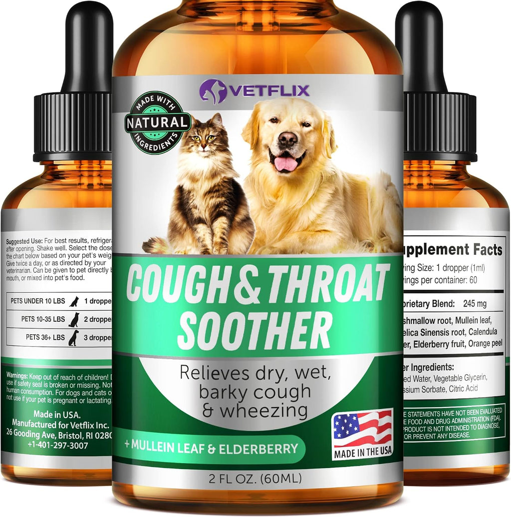 Vetflix Líquido para la tos para perros y gatos - 60 ml - Mezcla de gordolobo, saúco y caléndula