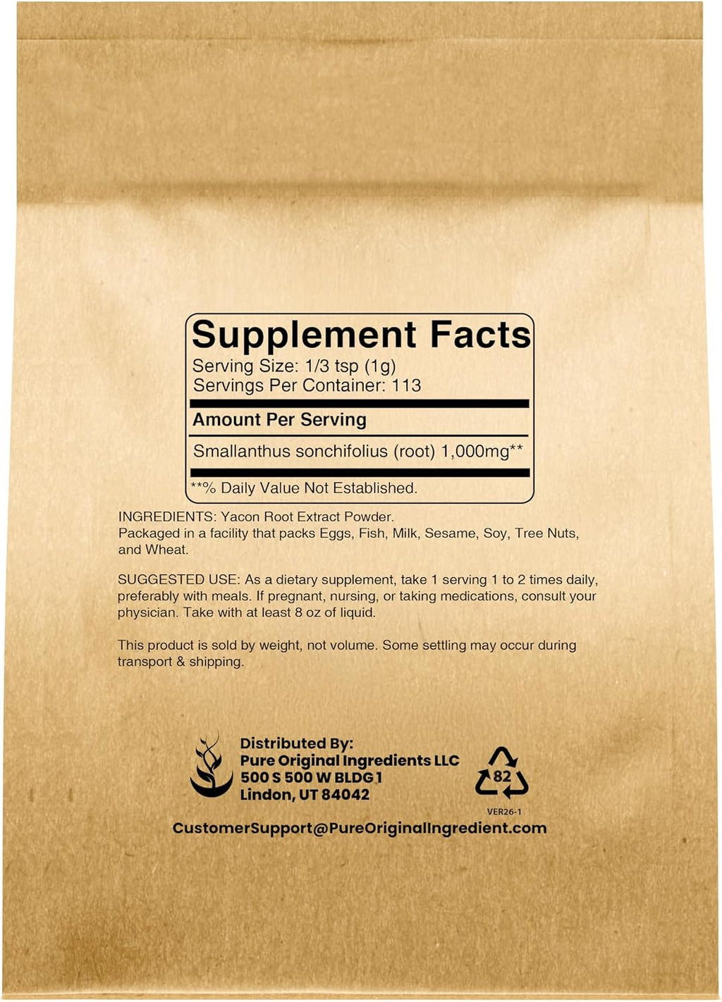 PURE ORIGINAL INGREDIENTS Extracto de Raíz de Yacón (113 g) Siempre Puro, Sin Rellenos ni Aditivos, Suplemento Herbal en Polvo