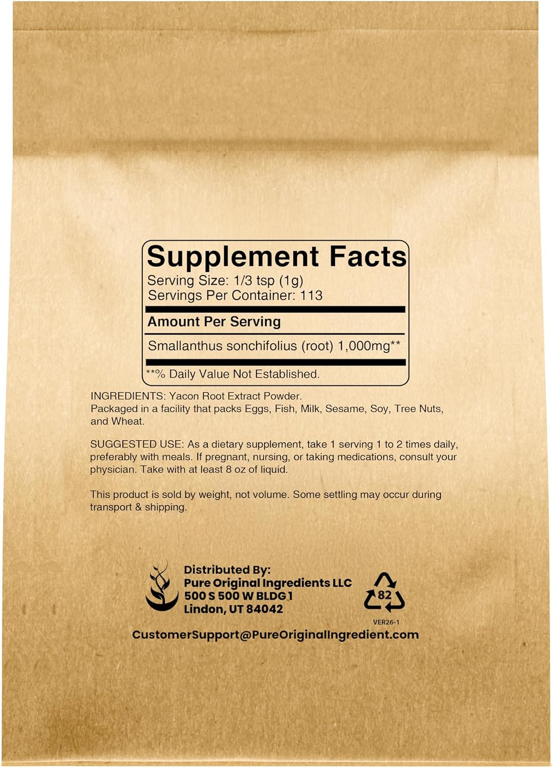 PURE ORIGINAL INGREDIENTS Extracto de Raíz de Yacón (113 g) Siempre Puro, Sin Rellenos ni Aditivos, Suplemento Herbal en Polvo