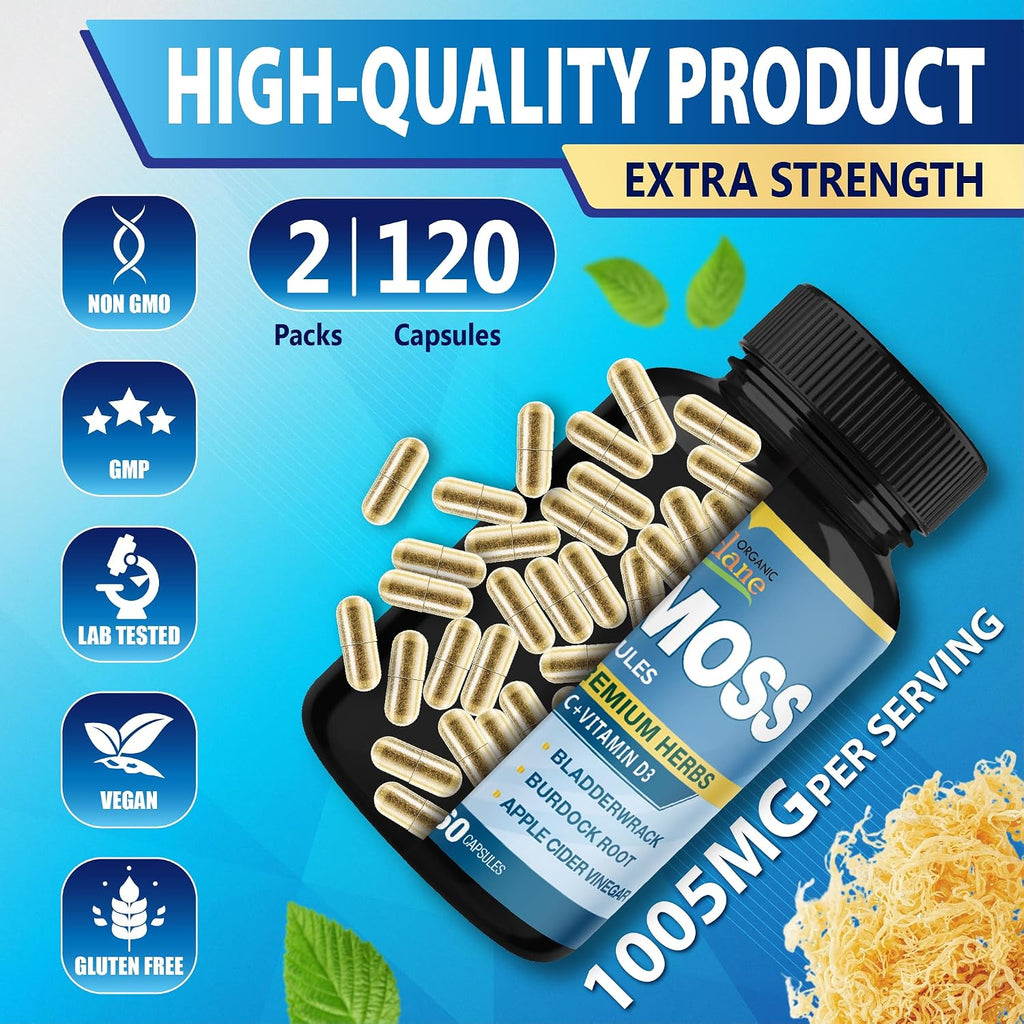 Organic Cadane - Cápsulas de Musgo Marino Orgánico con Vitamina C, D3 y Zinc (2 Envases)