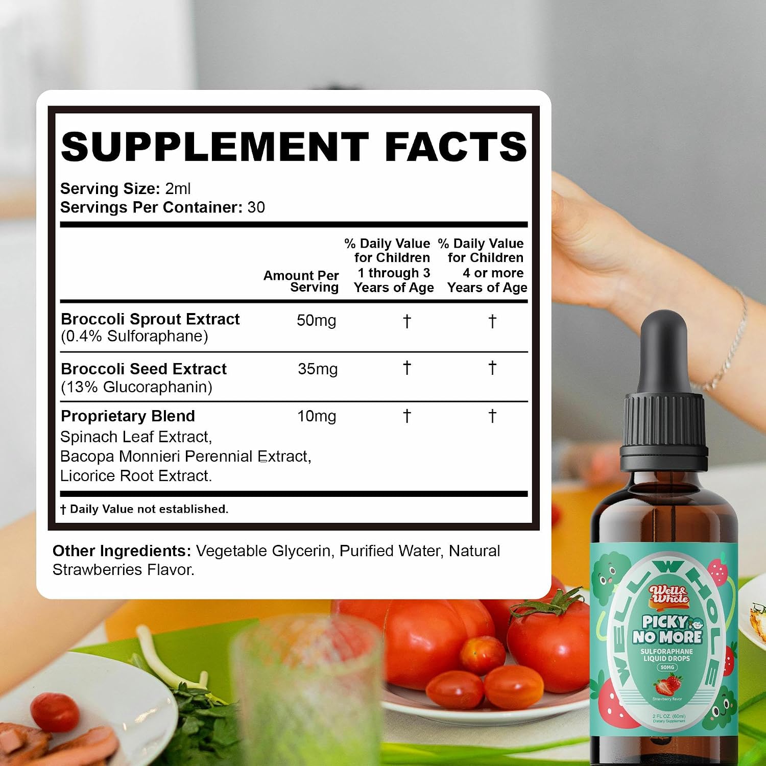 Pick No More Kids Liquid Greens con Sulforafano – Nutrición Oculta para Niños que no Comen Verduras, Apoyo Diario, Vegano, Sin Azúcar, 60 ml