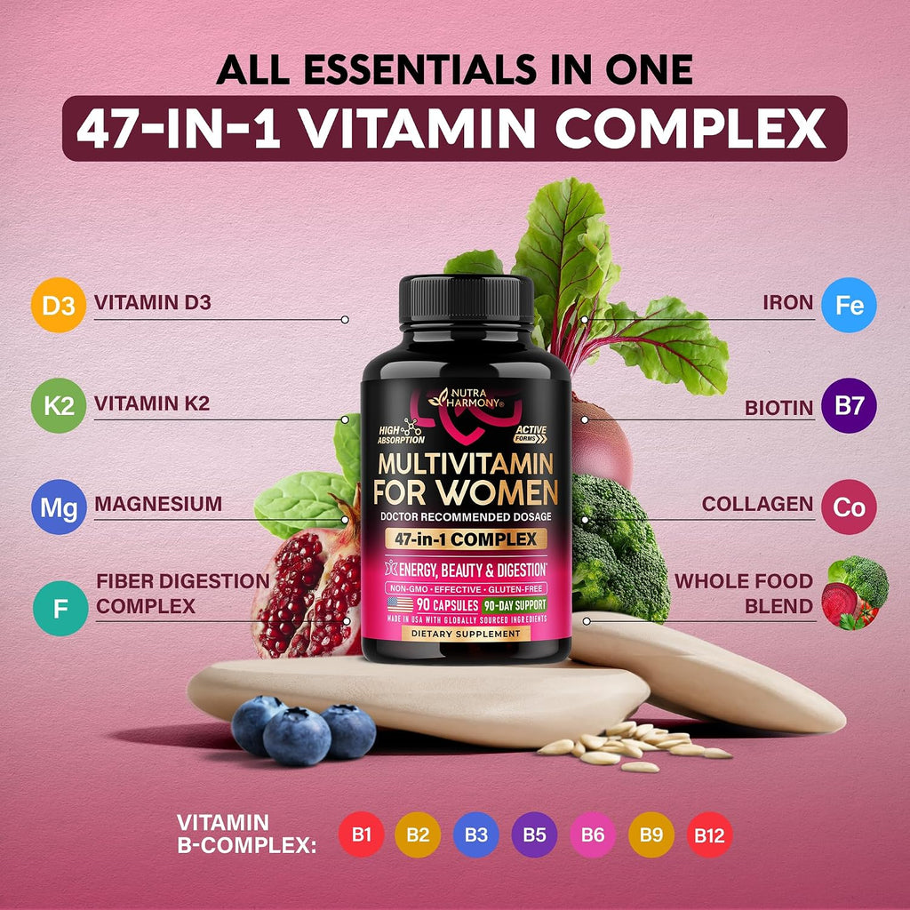 NUTRAHARMONY Multivitamínico para Mujeres 47 en 1 con Complejo B, Hierro y Alimentos Integrales - 90 Cápsulas (3 Meses)